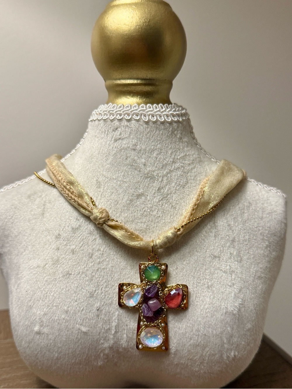 Gold Cross Pendant Necklace with Multicolor Gemstones - Women's Jewelry